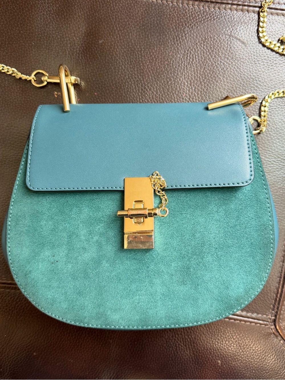 M.I.L.A. Suede & Leather Crossbody Saddle Bag - Teal Blue Two Tone